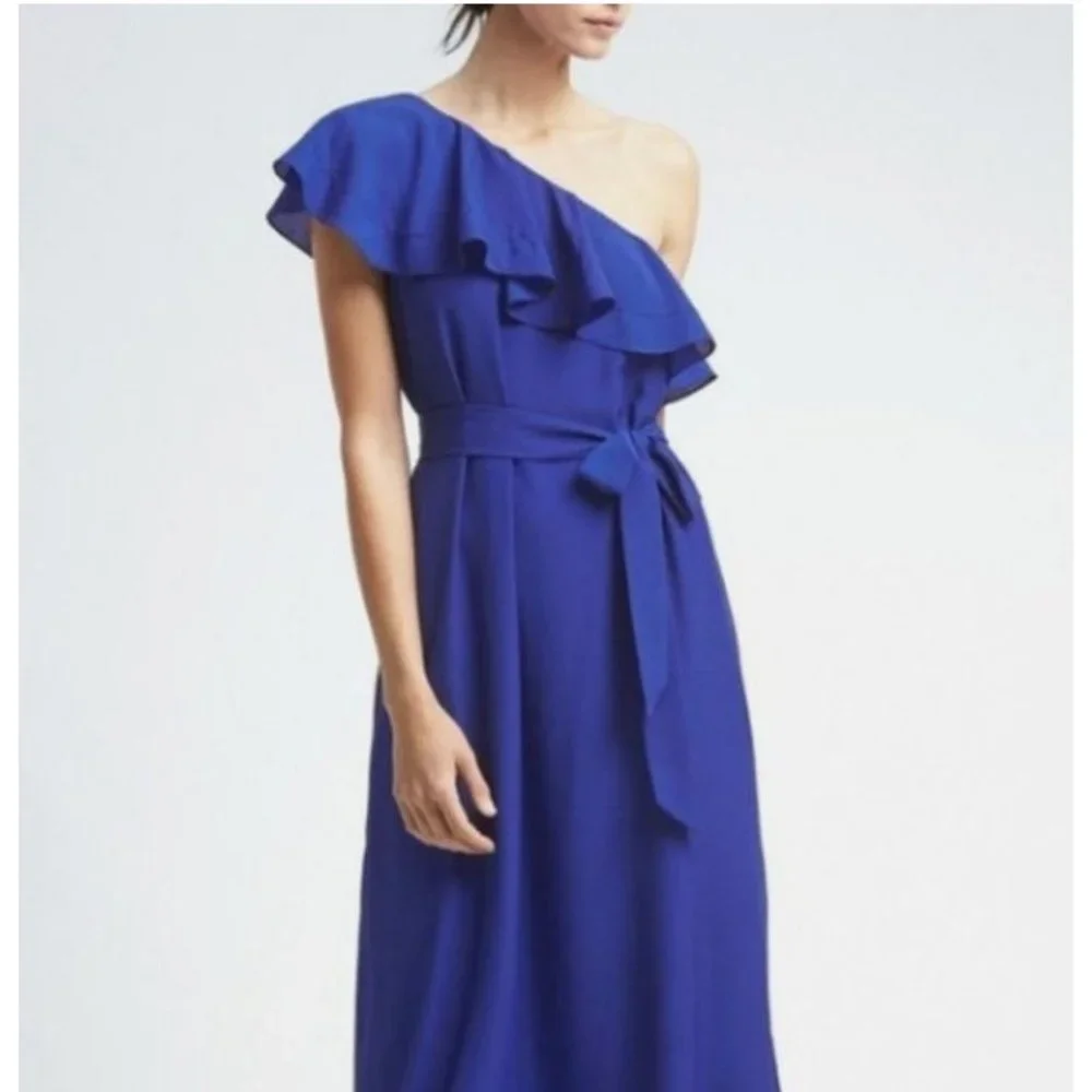 NWT Banana Republic Navy Blue Dress Size M Ruffled Off the Shoulder